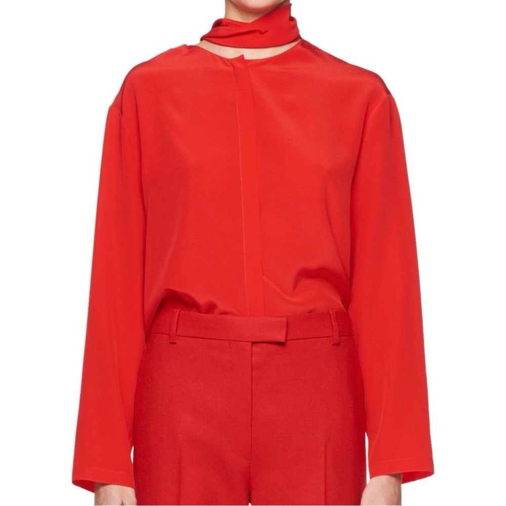 THE ROW Red Silk Scarf Neck Long Sleeve Top - Picture 3 of 15